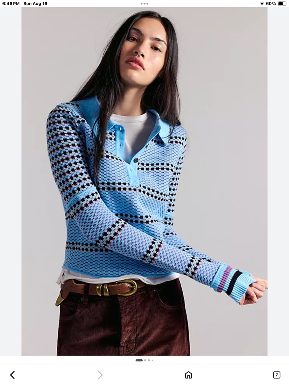 We The Free Blue Patterned Knit Polo Long-Sleeve Top